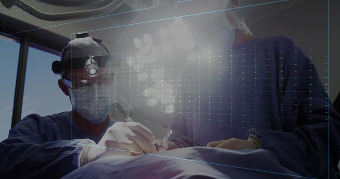 Surgeons working, heart signal rising, AR ECG overlay changing to bright blue peaks across front