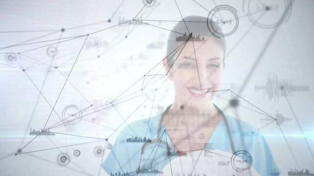 Camera centering starting overlay, nurse writing on tablet nodes advancing showing healthtech links