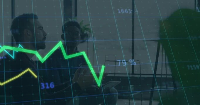 Two men reviewing data on tablet in business office, animated charts appearing and showing trends