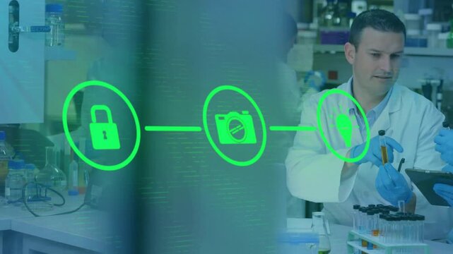 Camera revealing scientist picking sample tube behind glass in lab, AR icons guiding tablet review