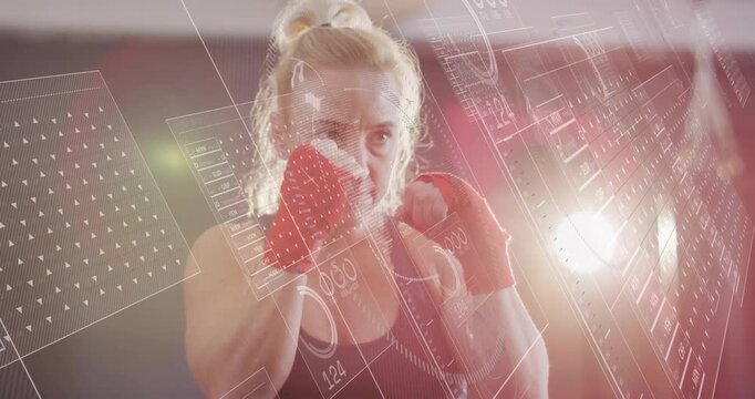 Boxer with red wraps starting drill in gym, throwing jabs and crosses while HUD tracking metrics