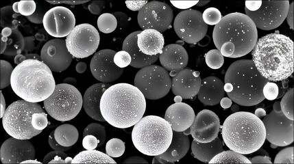 Fototapeta na wymiar A high magnification scanning electron microscope image reveals a clustered arrangement of metal particles against a stark dark backdrop surface.