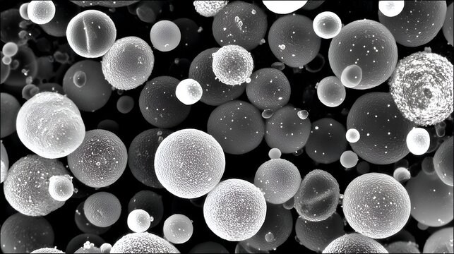 A high magnification scanning electron microscope image reveals a clustered arrangement of metal particles against a stark dark backdrop surface.