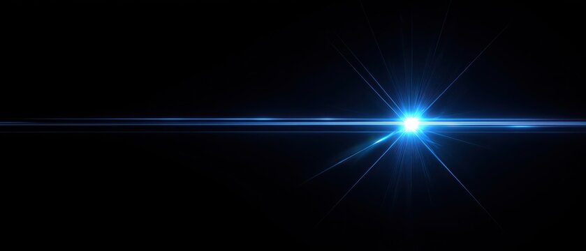 A brilliant blue lens flare emanates from a bright central point against a stark black background.