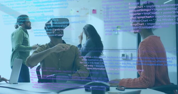 Vertical video: VR user gesturing, testing UI in IT meeting, team reacting as code linking to hands