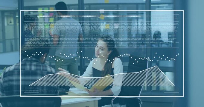 Seated woman opening yellow folder flipping pages sparking HUD waveform chart for business planning