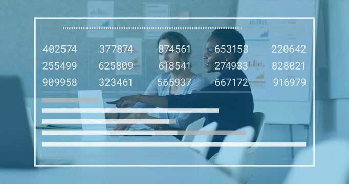 Two women pointing, typing at laptop, starting number grid, bars growing then receding for business