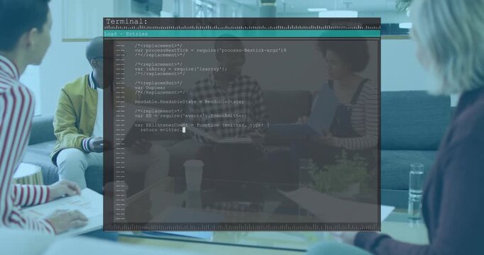 Team sitting at glass table, woman opening blue file starting terminal, code scrolling for review