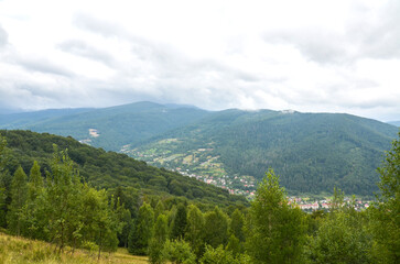 Fototapeta premium Panoramic mountain valley with dense evergreen forest, grassy meadow foreground and Yaremche village nestled in rolling hills beneath a cloudy summer sky. Carpathian Mountains, Ukraine