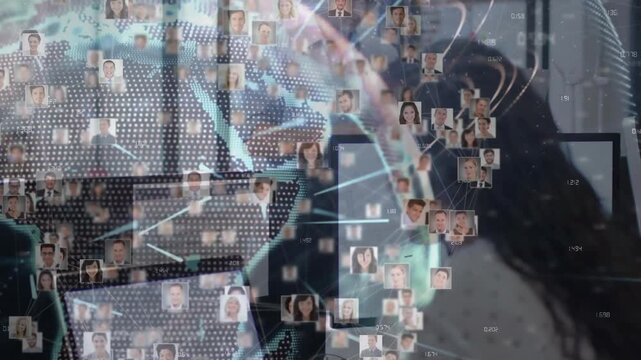 Vertical video: Woman tapping keyboard animating globe tiles forming tech network mapping contacts