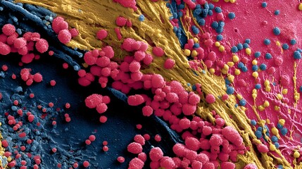 A vividly colored scanning electron microscope image reveals intricate details of biological cells and microorganisms at high magnification.