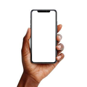 Female African American hand holding smartphone with blank screen on transparent background