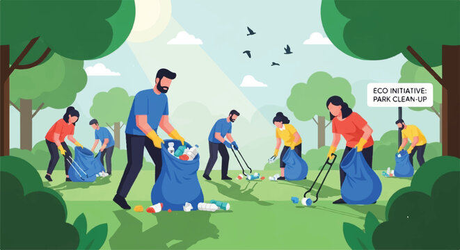 People participate in a community park clean-up event with bags and tools