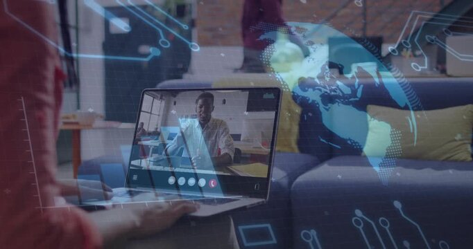 Vertical video: Laptop showing remote host talking, causing blue globe moving right showing network