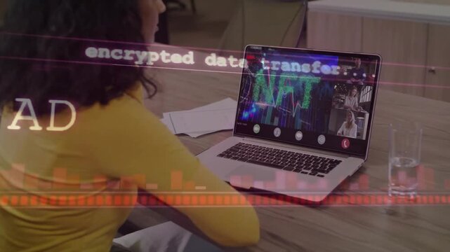 Woman watching laptop receiving encrypted transfer, pulsing NFT admin overlay authorizing transfer