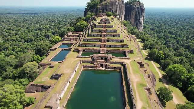 Ancient ruins with reflecting pools on a rocky outcrop surrounded by lush forest