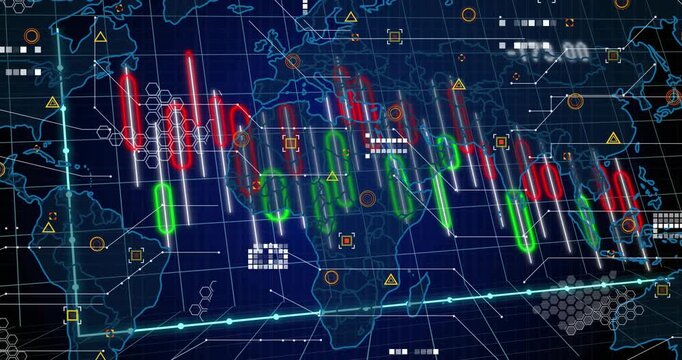 Candlestick chart moving across world map, UI loading and spawning HUD markers tracking finance