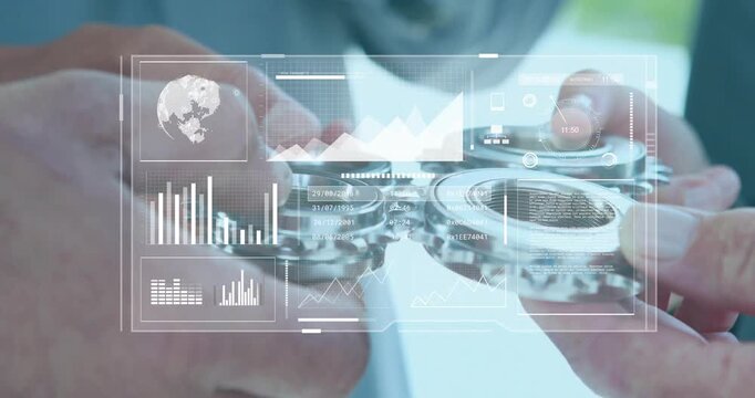 Two engineers' hands bringing and aligning gears while HUD analytics updating to validate fit