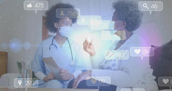 Patient raising glowing object while nurse noting clipboard causing social UI overlays for health