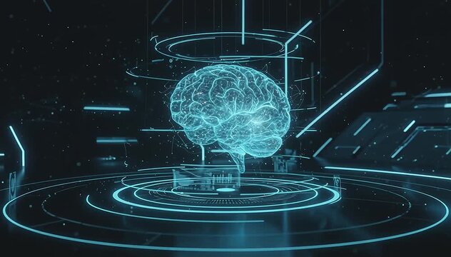 Futuristic control interface displaying a floating holographic artificial intelligence brain above a circular digital platform
