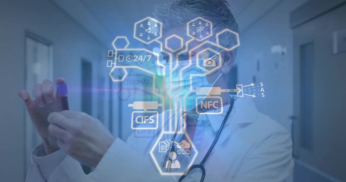 Senior doctor inspecting vial with purple cap in ward, starting hologram over chest routing data