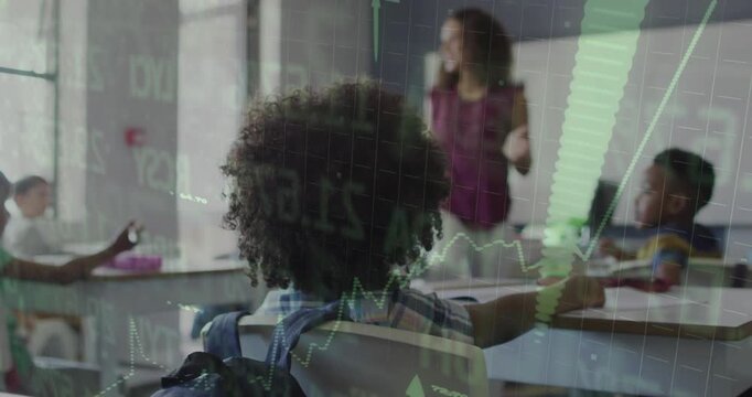 Student sitting with arm reaching facing board teacher gesturing and teaching finance charts rising