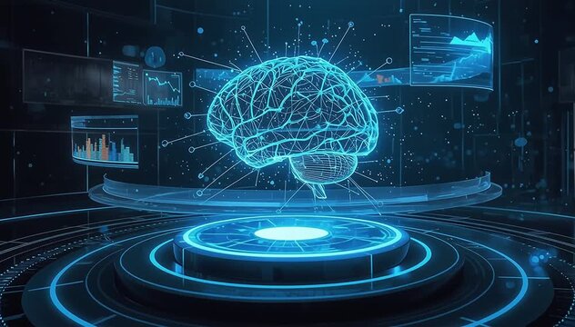 Futuristic control interface displaying a floating holographic artificial intelligence brain above a circular digital platform