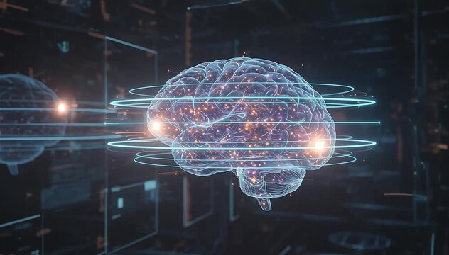 Floating holographic brain model with detailed neural cortex structure displayed through transparent digital layers