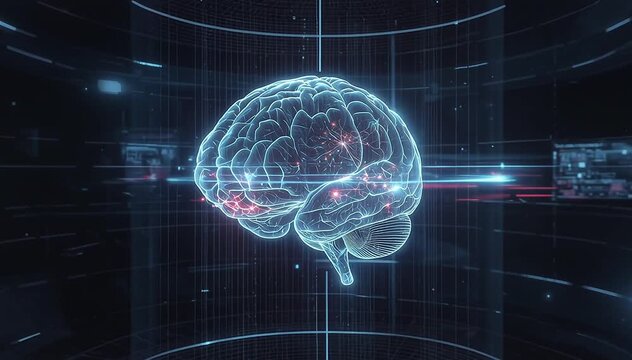 Floating holographic brain model with detailed neural cortex structure displayed through transparent digital layers