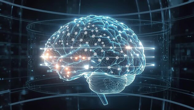 Floating holographic brain model with detailed neural cortex structure displayed through transparent digital layers