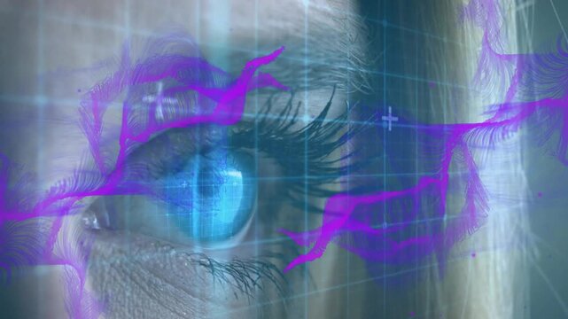Cool light rising, eyelid opening, purple ribbons sliding, blue HUD forming, enabling eye scanning