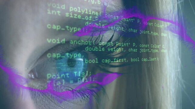 Woman opening eye while magenta particle sweeping, causing green code scrolling over iris for tech