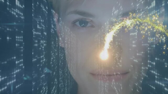 Woman still in tech, golden comet entering left and arcing S-curve, scattering sparks showing data