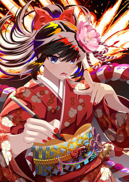 Goddess in Kimono Holding Stylus Pen and Pointing with Conviction, Anime Style