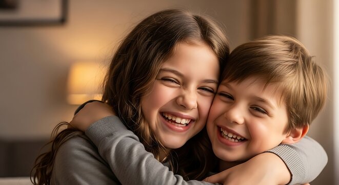 Joyful siblings sharing a warm embrace in a cozy living room setting