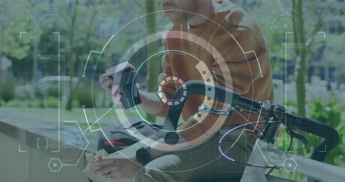 Male commuter pausing on bench, touching helmet and pulling cup, HUD tracking torso and handlebars