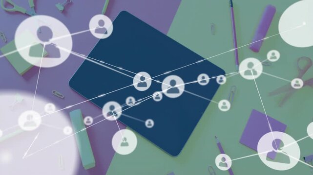 Small avatar appearing above dark-blue notebook, spawning nodes and lines, showing business network