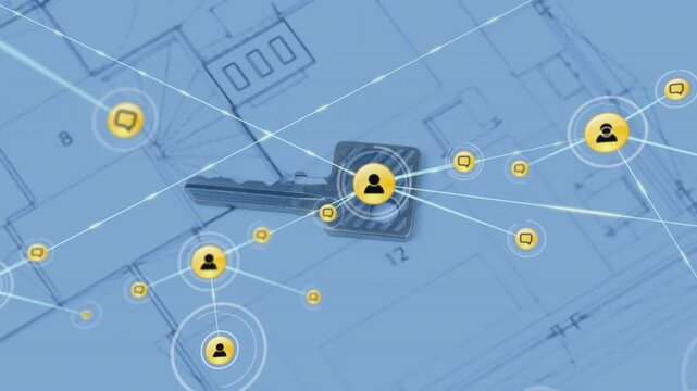 Radar ring appearing over key, users spawning, linking across plan, covering key, mapping property