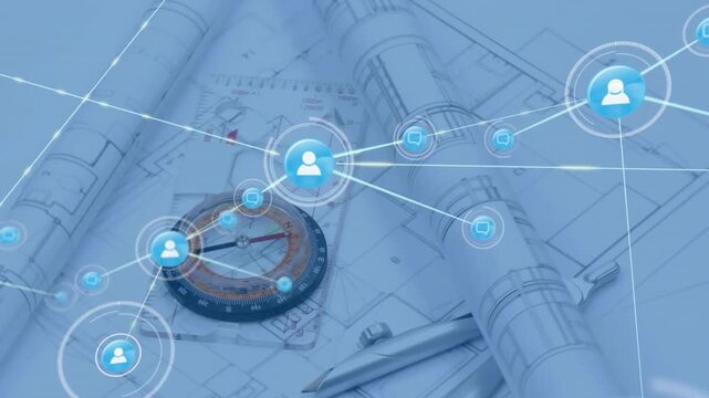 Compass pulsing and emitting lines, expanding avatar and file icons network on plans for designers