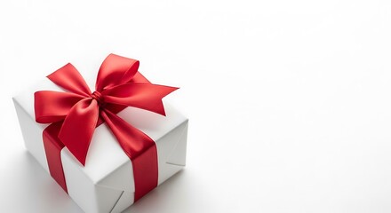 Obraz premium Elegant white gift box with a luxurious red satin ribbon and bow on a clean white background