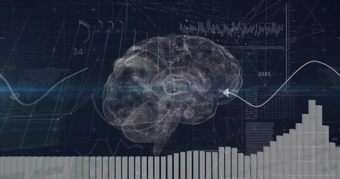 Data feed driving 3D brain rotating,pulsing as HUD rings locking region, bars showing health data