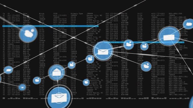 Central envelope sparking node spawn, icons linking via lines across black field for tech data flow