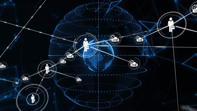 Central business icon responding to target appearing, sending lines across globe, growing network