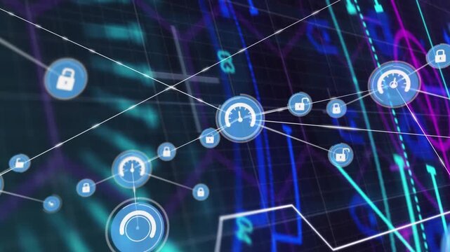 Cyan beam sweeping hex grid UI nodes appearing, linking gauges and locks, mapping network security