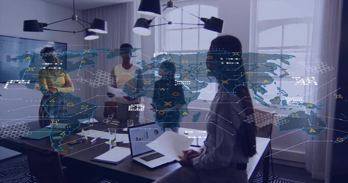 Person D tapping phone hologram map emerging and expanding while team reviewing papers for pitch
