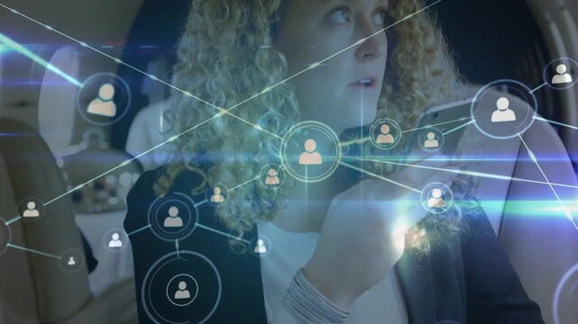 Woman holding phone to mouth in car, speaking and starting tech network growing over upper body