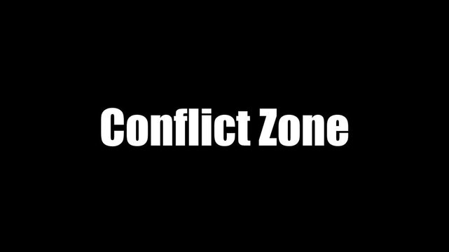 Conflict zone sign boards with english and cyrillic letters on black background