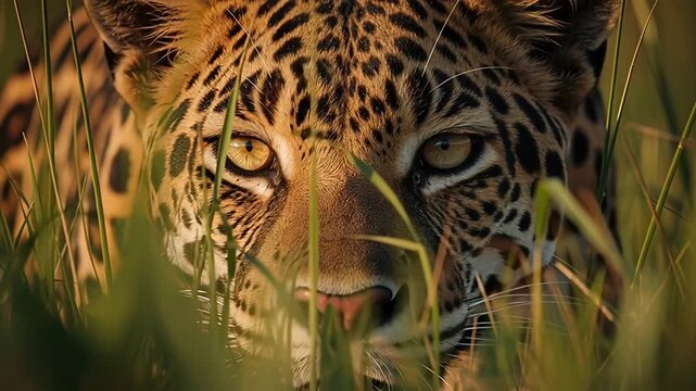 Closeup of a majestic jaguars face partially hidden in tall green grass showcasing its intense gaze and spotted fur in natural light.