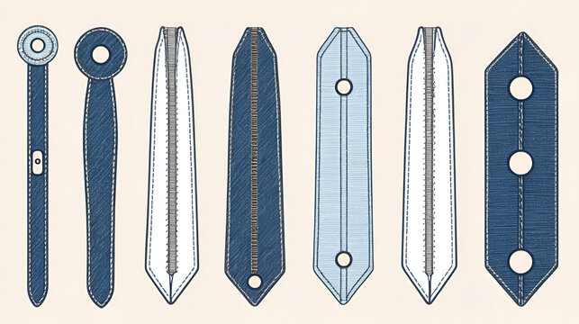 Buttonhole flat sketch vector illustration set, different types of buttonholes for stretch fabric, thick and  thin fabric, button holes for  pocket, denim, shirt, dresses, garments and  Clothing