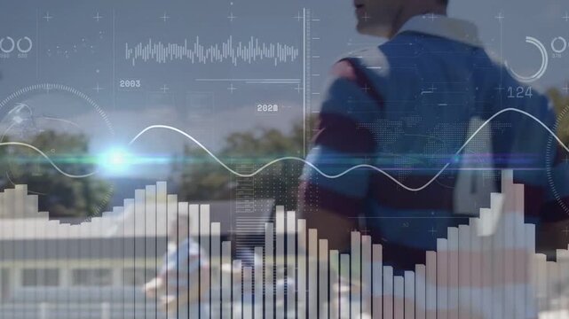 Male sports player on pass, catching ball, preparing to run, HUD waveforms pulsing across player